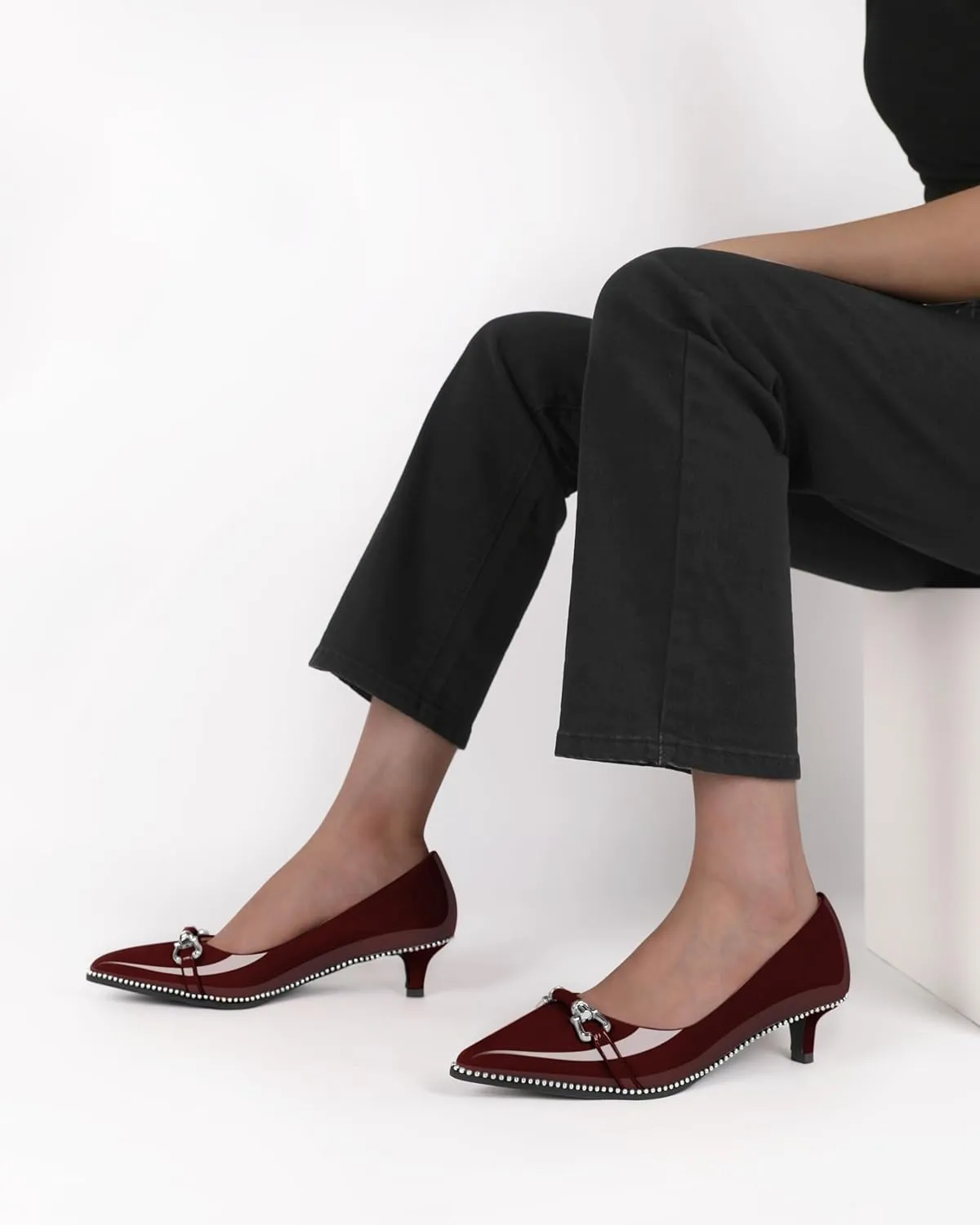 Women Low Heels Kitten Heel Pumps Ladies Beaded Pump Closed Pointd Toe Buckle Bow Shoes Slip On Office Wedding Work Evening 1.5 Inch Heel