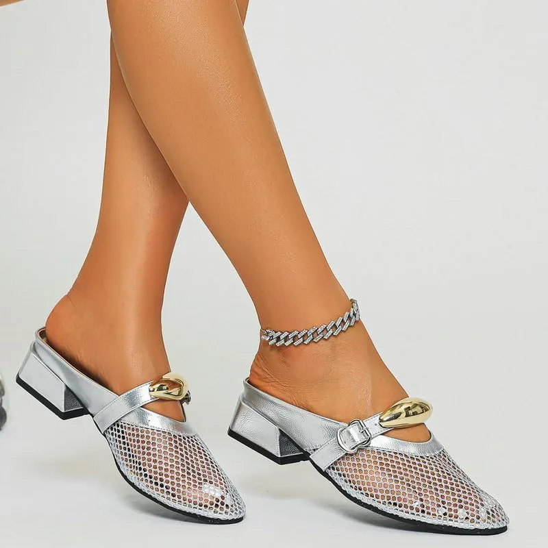 Women Mesh Mules Fishnet Ballet Flats Low Heel Metallic Slip On Ballerina Shoes Comfortable Round Toe Casual Dress Mary Jane Flats