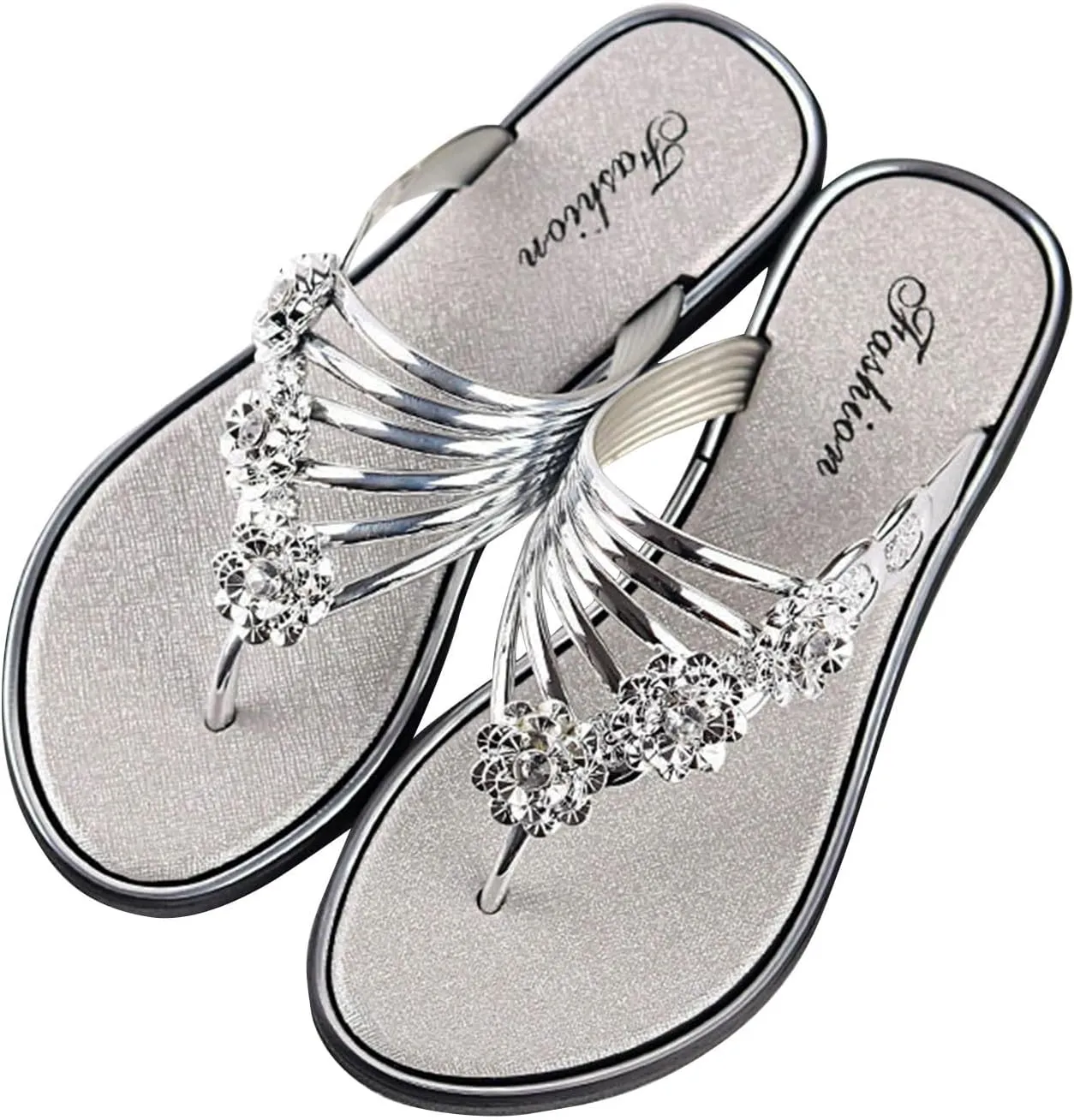 Women Rhinestone Boho Flip Flops Summer Comfort Beach Slippers Clip Toe Slide Sandal Bohemian Thong Sandals Flats