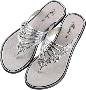 Women Rhinestone Boho Flip Flops Summer Comfort Beach Slippers Clip Toe Slide Sandal Bohemian Thong Sandals Flats