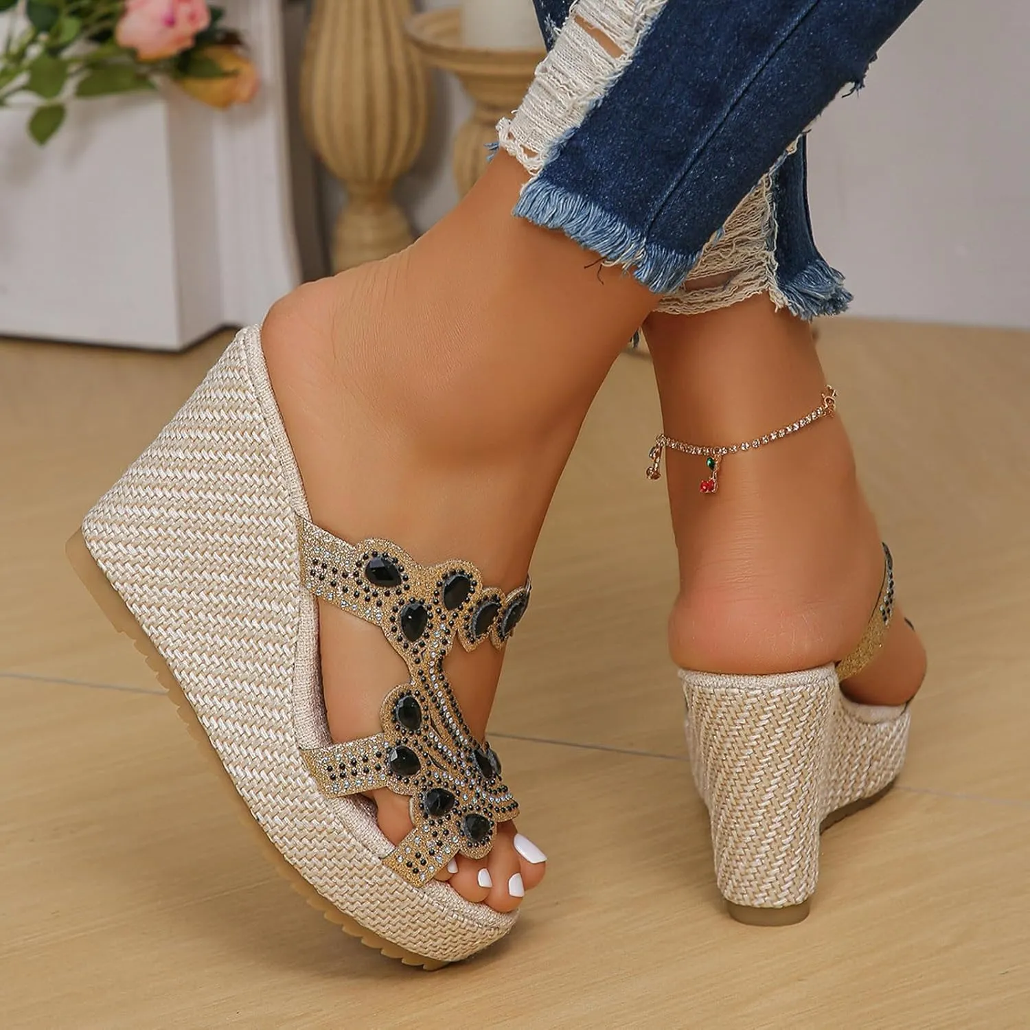 Women Rhinestone Wedge Sandals Summer Bohemian Open Toe High Platform Slides Slip on Beach Sandals Casual Dress Shoes