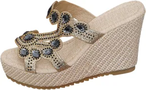 Women Rhinestone Wedge Sandals Summer Bohemian Open Toe High Platform Slides Slip on Beach Sandals Casual Dress Shoes