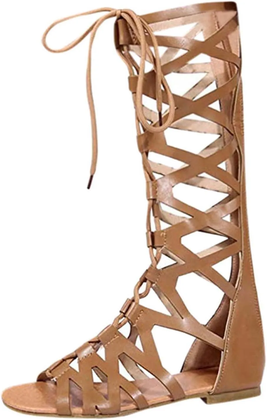 Women Summer Beach Knee High Gladiator Sandals Criss Cross Strappy Lace Up Open Toe Bohemia Flat Sandal