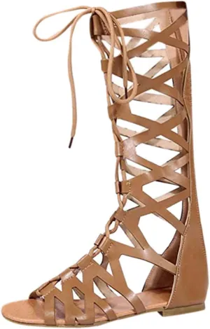 Women Summer Beach Knee High Gladiator Sandals Criss Cross Strappy Lace Up Open Toe Bohemia Flat Sandal