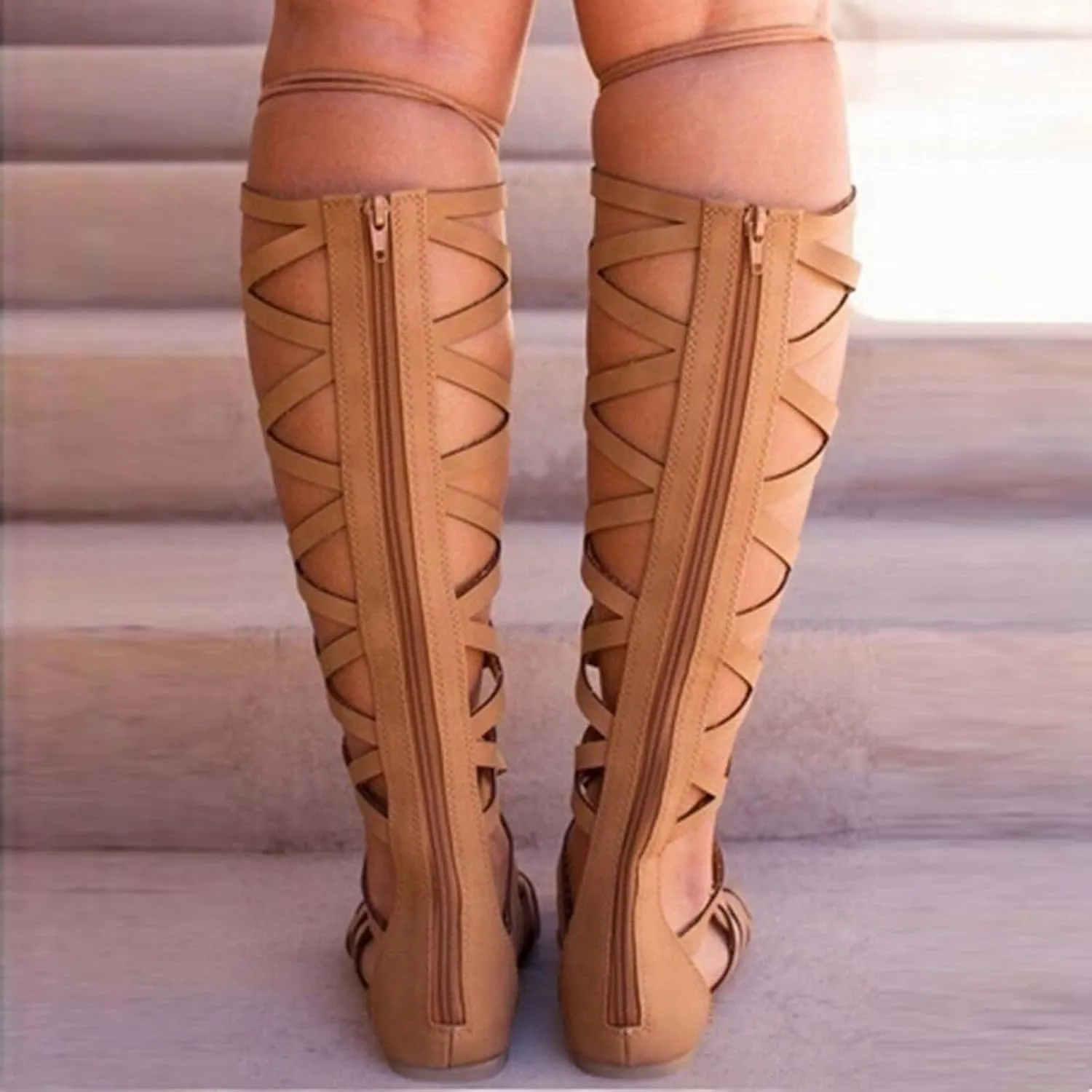 Women Summer Beach Knee High Gladiator Sandals Criss Cross Strappy Lace Up Open Toe Bohemia Flat Sandal