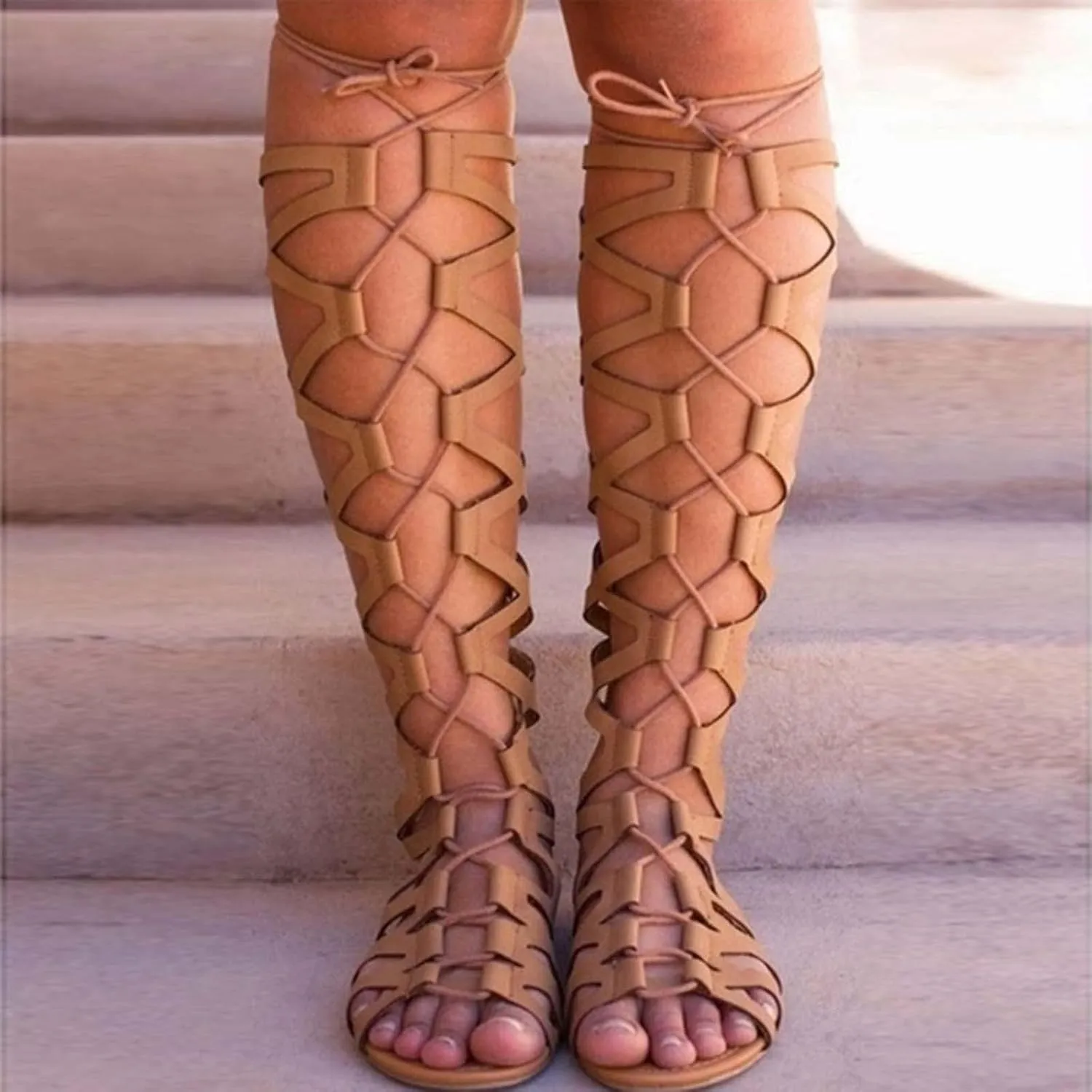 Women Summer Beach Knee High Gladiator Sandals Criss Cross Strappy Lace Up Open Toe Bohemia Flat Sandal