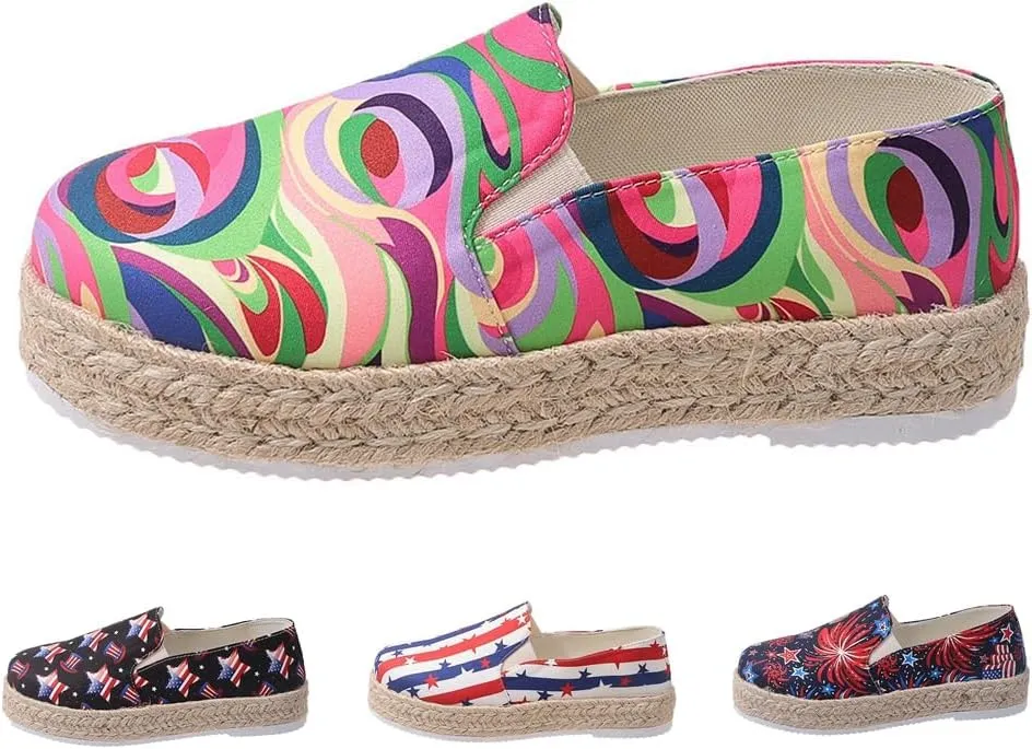 Women's 4th of July Platform SneakersFlag Print Fashion Sports ShoesFlat Casual Canvas Shoes Casual Slip On Platform Shoes