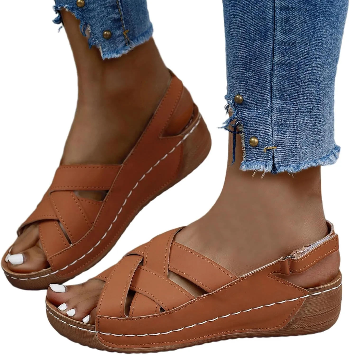 Womens Ankle Strap Sandals Dressy Arch Support Summer Leather Flats Comfort Open Toe Slippers