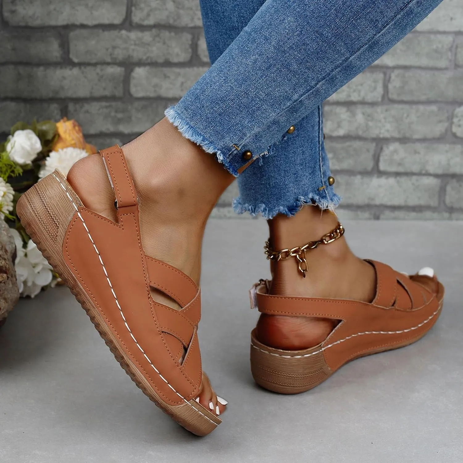 Womens Ankle Strap Sandals Dressy Arch Support Summer Leather Flats Comfort Open Toe Slippers