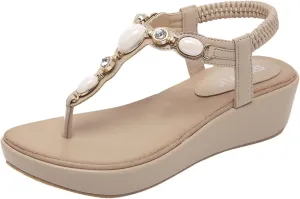 Women's Bohemia Rhinestone Wedge Sandals Summer Vacation T-strap Thong Braid Beach Platform Flip Flops Shoes