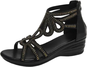Women's Bohemian Hollow Out Sandals Solid Back Zipper High Heel Open Toe Elegant Shoe Rhinestone Embellished Sandal