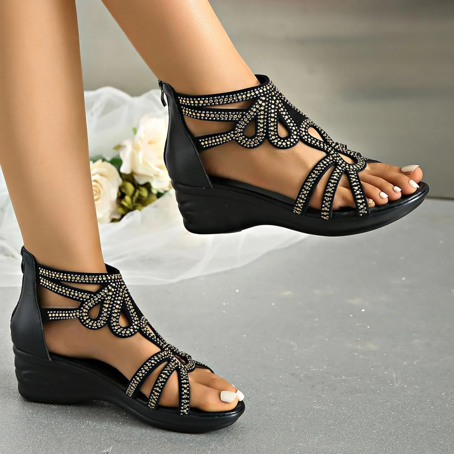 Women's Bohemian Hollow Out Sandals Solid Back Zipper High Heel Open Toe Elegant Shoe Rhinestone Embellished Sandal