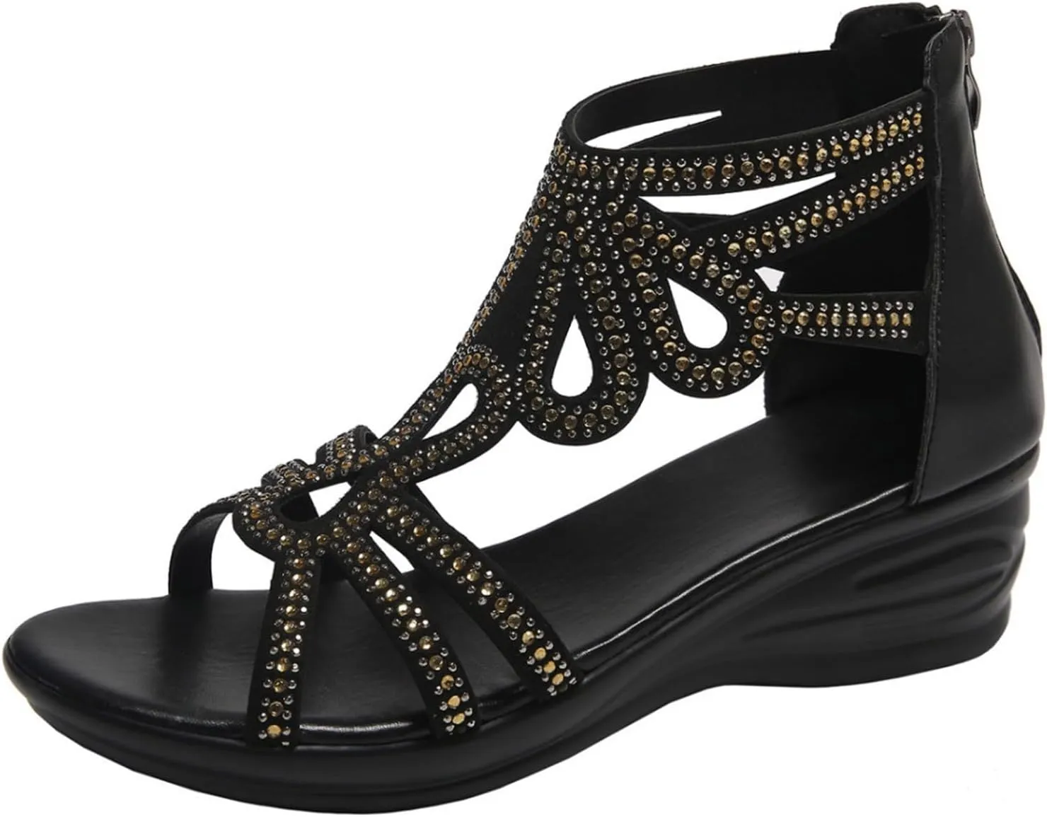 Women's Bohemian Hollow Out Sandals Solid Back Zipper High Heel Open Toe Elegant Shoe Rhinestone Embellished Sandal