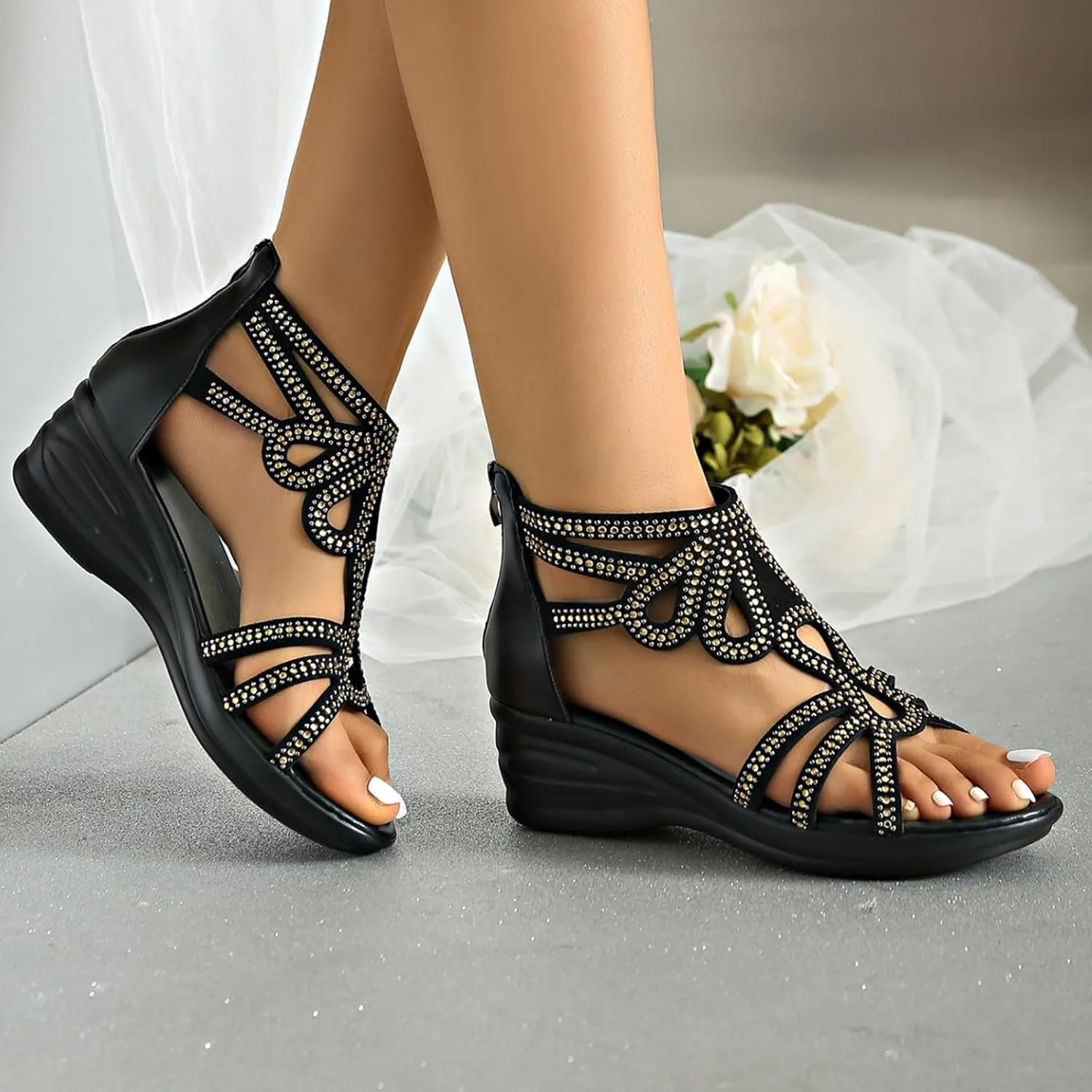 Women's Bohemian Hollow Out Sandals Solid Back Zipper High Heel Open Toe Elegant Shoe Rhinestone Embellished Sandal