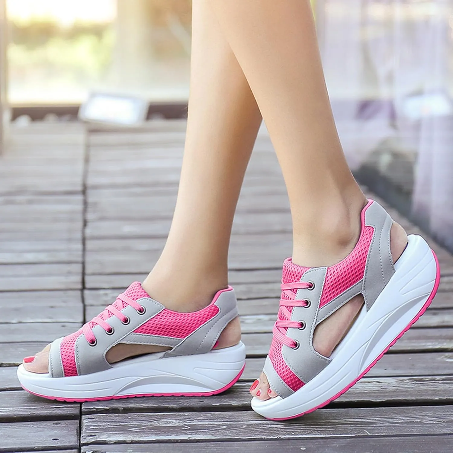 Women's Breathable Mesh Open Toe Sandals Cutout Lace-Up Peep Toe Tennis Shoes Platform Wedge Sneakers Summer Causal Comfortable Lightweight Walking Shoes