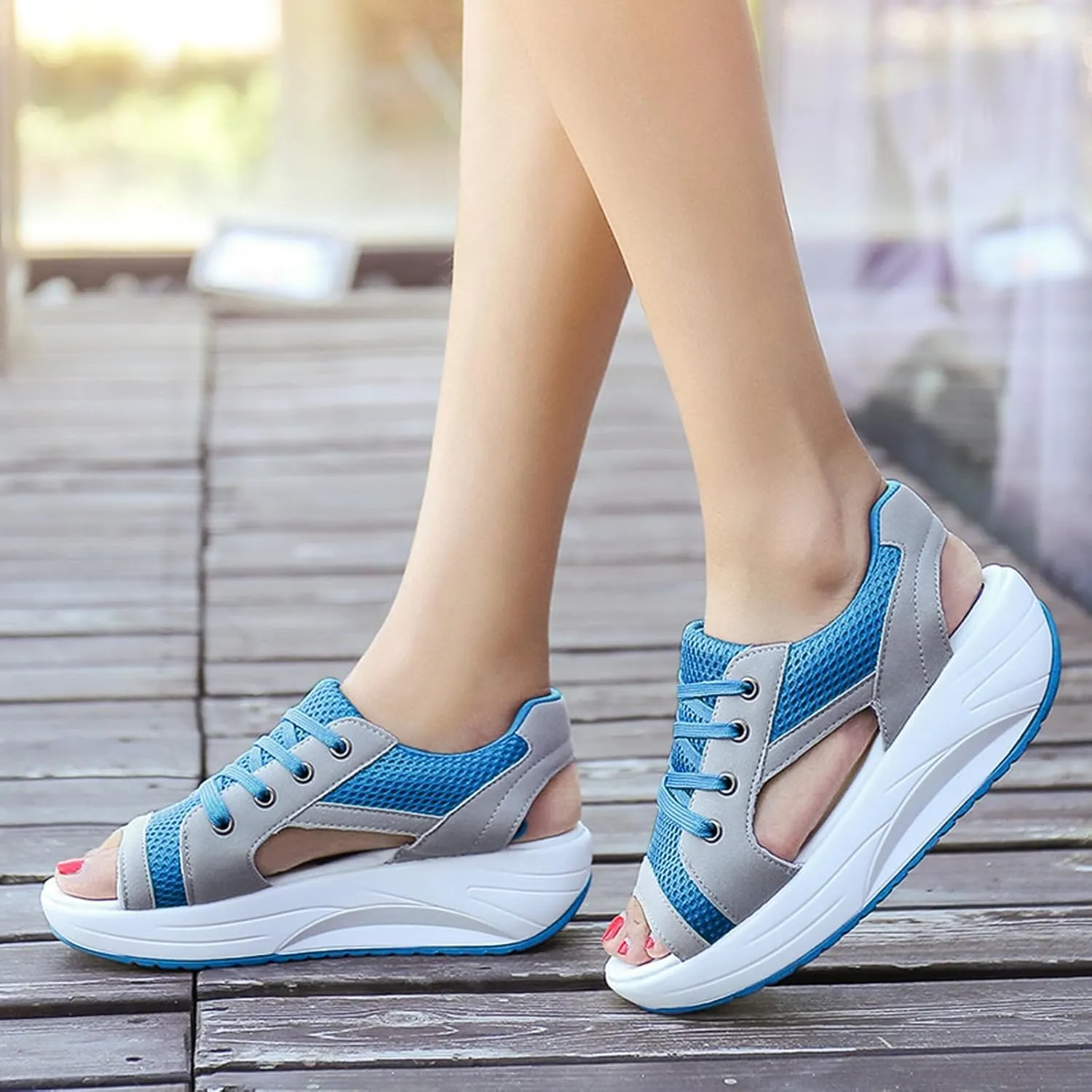 Women's Breathable Mesh Open Toe Sandals Cutout Lace-Up Peep Toe Tennis Shoes Platform Wedge Sneakers Summer Causal Comfortable Lightweight Walking Shoes