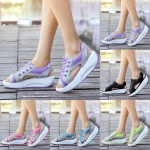 Women's Breathable Mesh Open Toe Sandals Cutout Lace-Up Peep Toe Tennis Shoes Platform Wedge Sneakers Summer Causal Comfortable Lightweight Walking Shoes