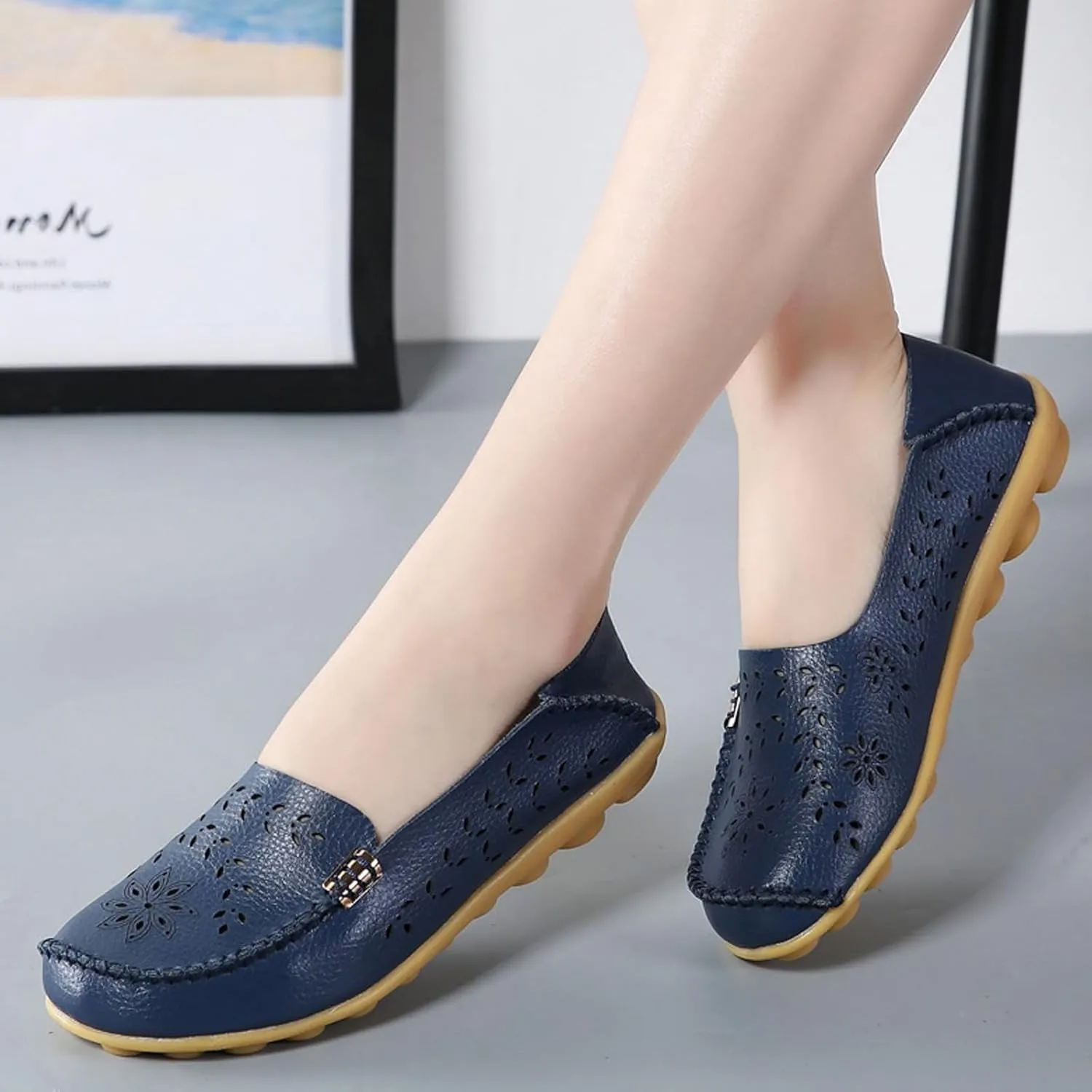 Womens Comfort Walking Cute Flat Loafer Ballet Flats Shoes Cute Penny Loafer Slip On Walking Driving Shoes with Diamond Eyelets