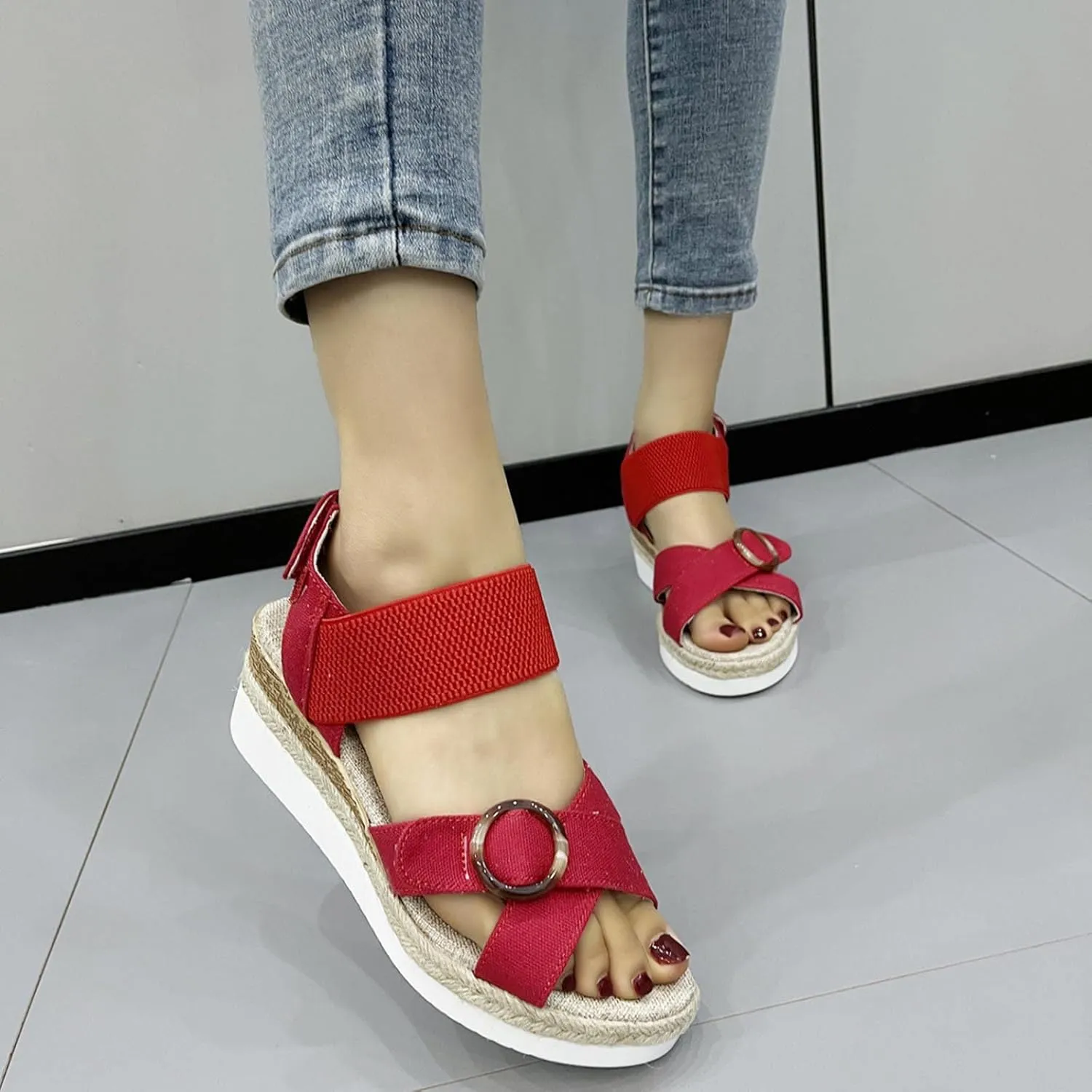 Women's Cross Thick Strappy Sandals Hook and Loop Solid Wedge Shoe Trendy Open Toe Sandal Elegant High Heel