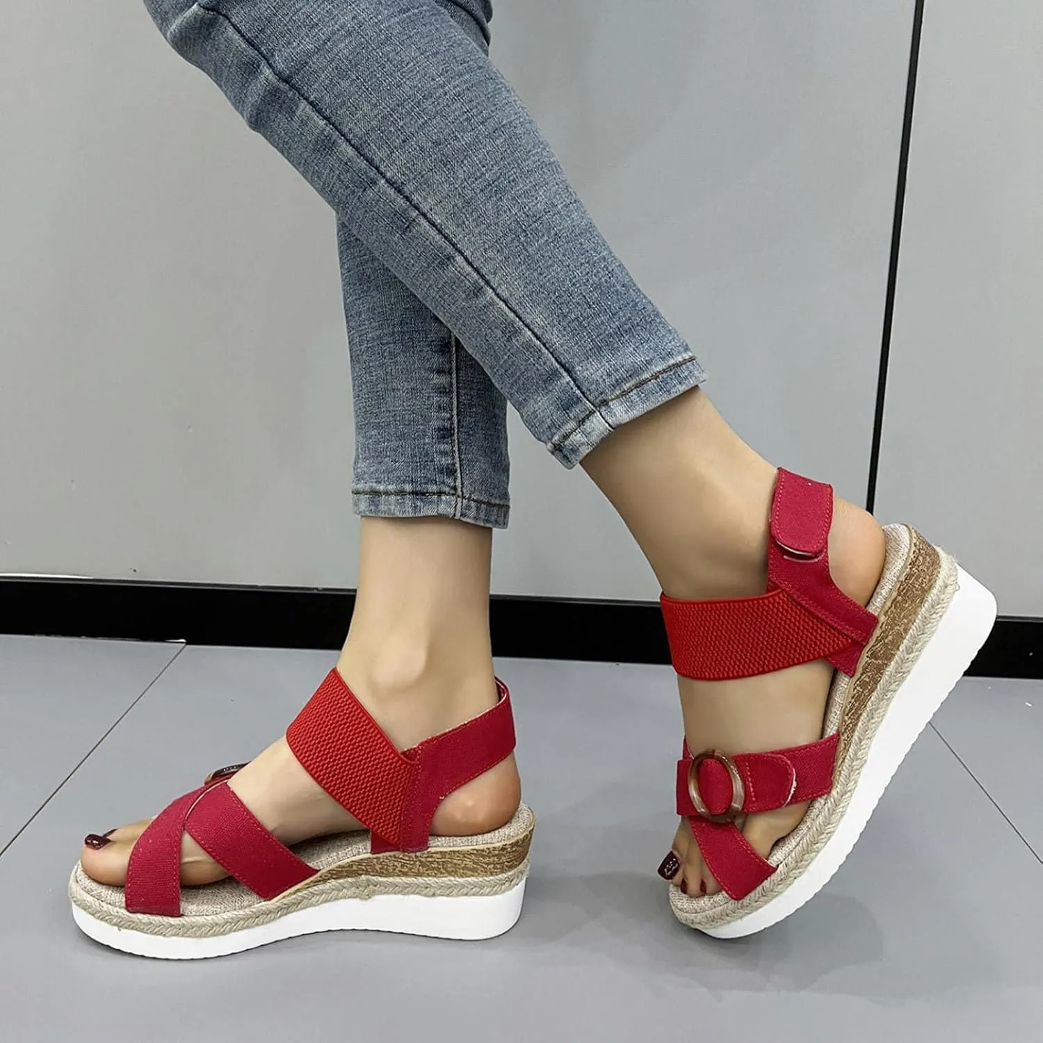 Women's Cross Thick Strappy Sandals Hook and Loop Solid Wedge Shoe Trendy Open Toe Sandal Elegant High Heel