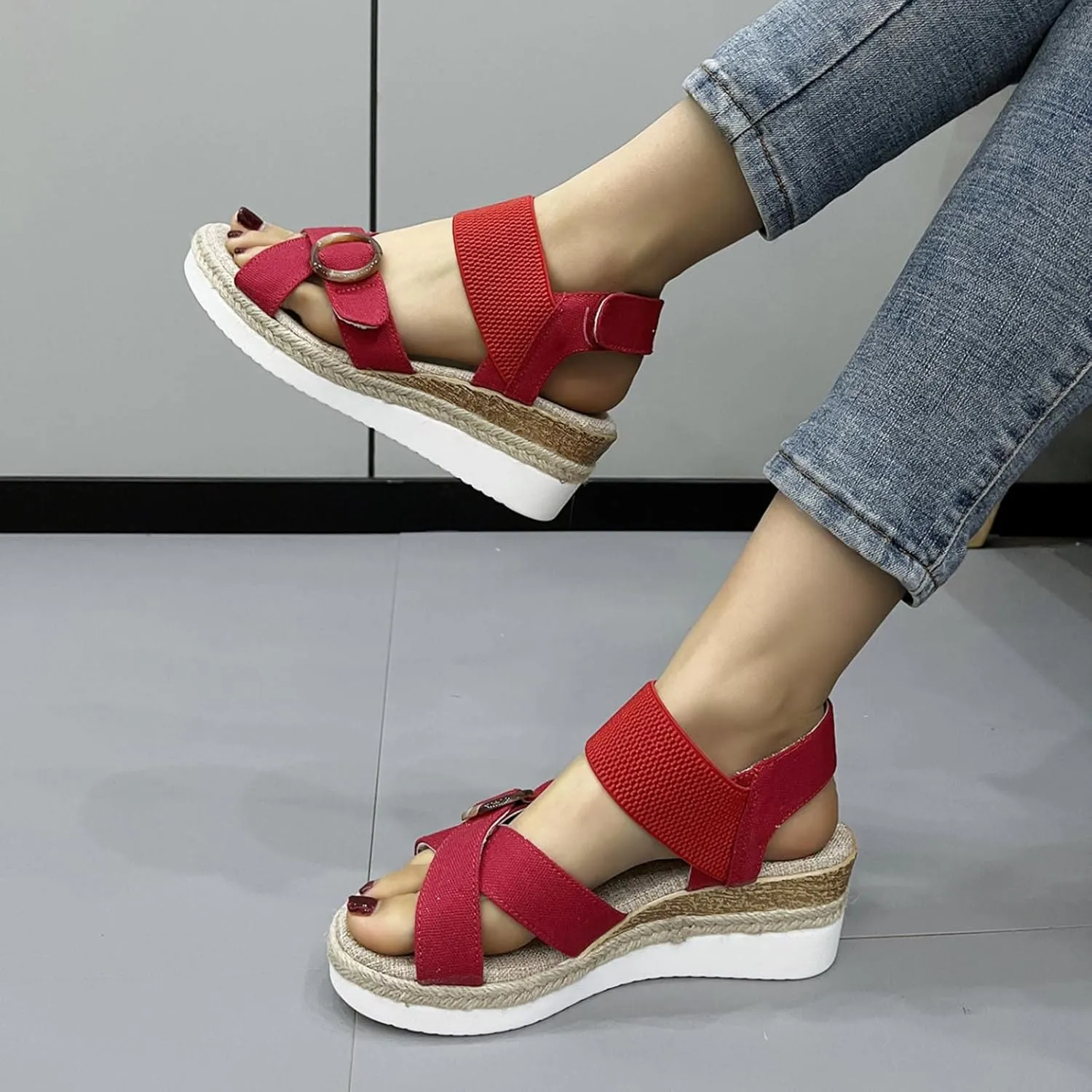 Women's Cross Thick Strappy Sandals Hook and Loop Solid Wedge Shoe Trendy Open Toe Sandal Elegant High Heel