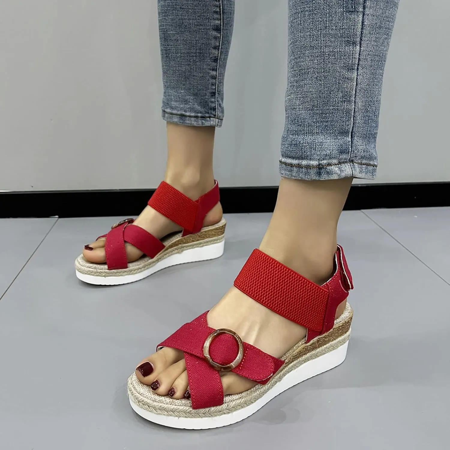 Women's Cross Thick Strappy Sandals Hook and Loop Solid Wedge Shoe Trendy Open Toe Sandal Elegant High Heel