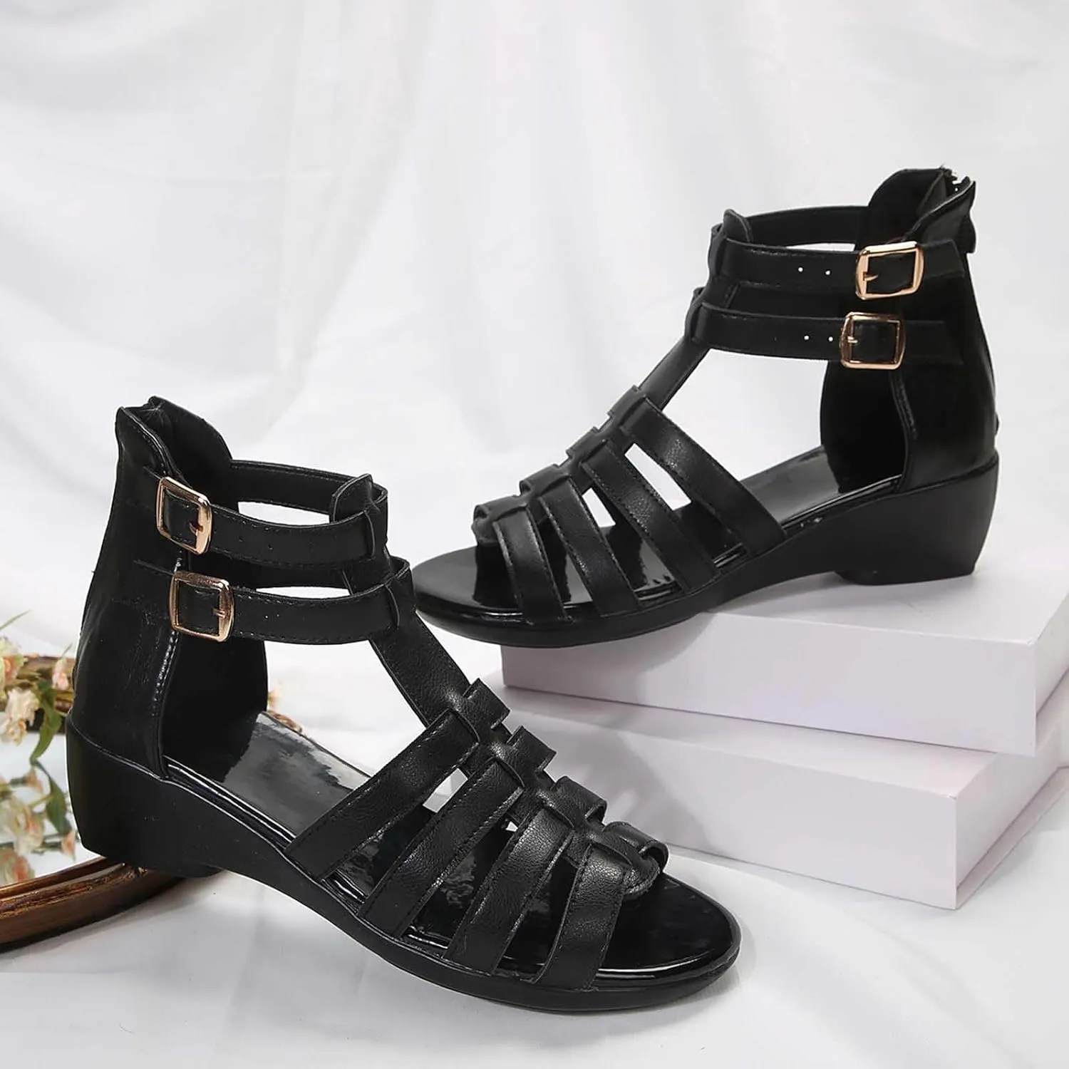 Womens Gladiator Sandals Back Zipper Strappy Casual Wedge Roman Sandal Comfort Open Toe Shoes For girls