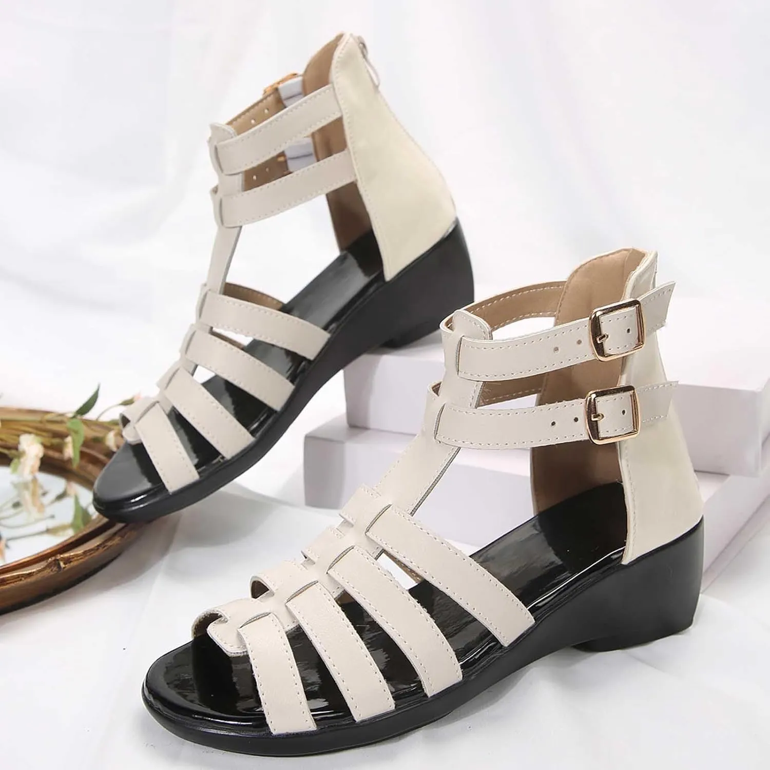 Womens Gladiator Sandals Back Zipper Strappy Casual Wedge Roman Sandal Comfort Open Toe Shoes For girls