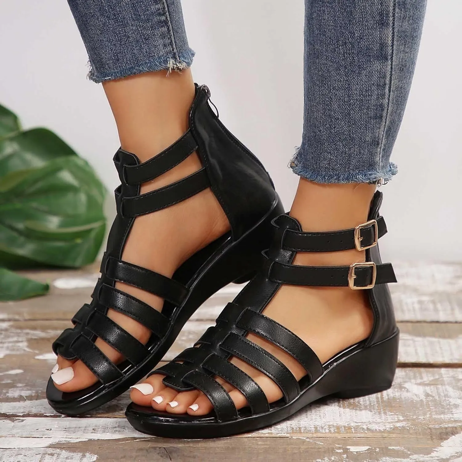 Womens Gladiator Sandals Back Zipper Strappy Casual Wedge Roman Sandal Comfort Open Toe Shoes For girls