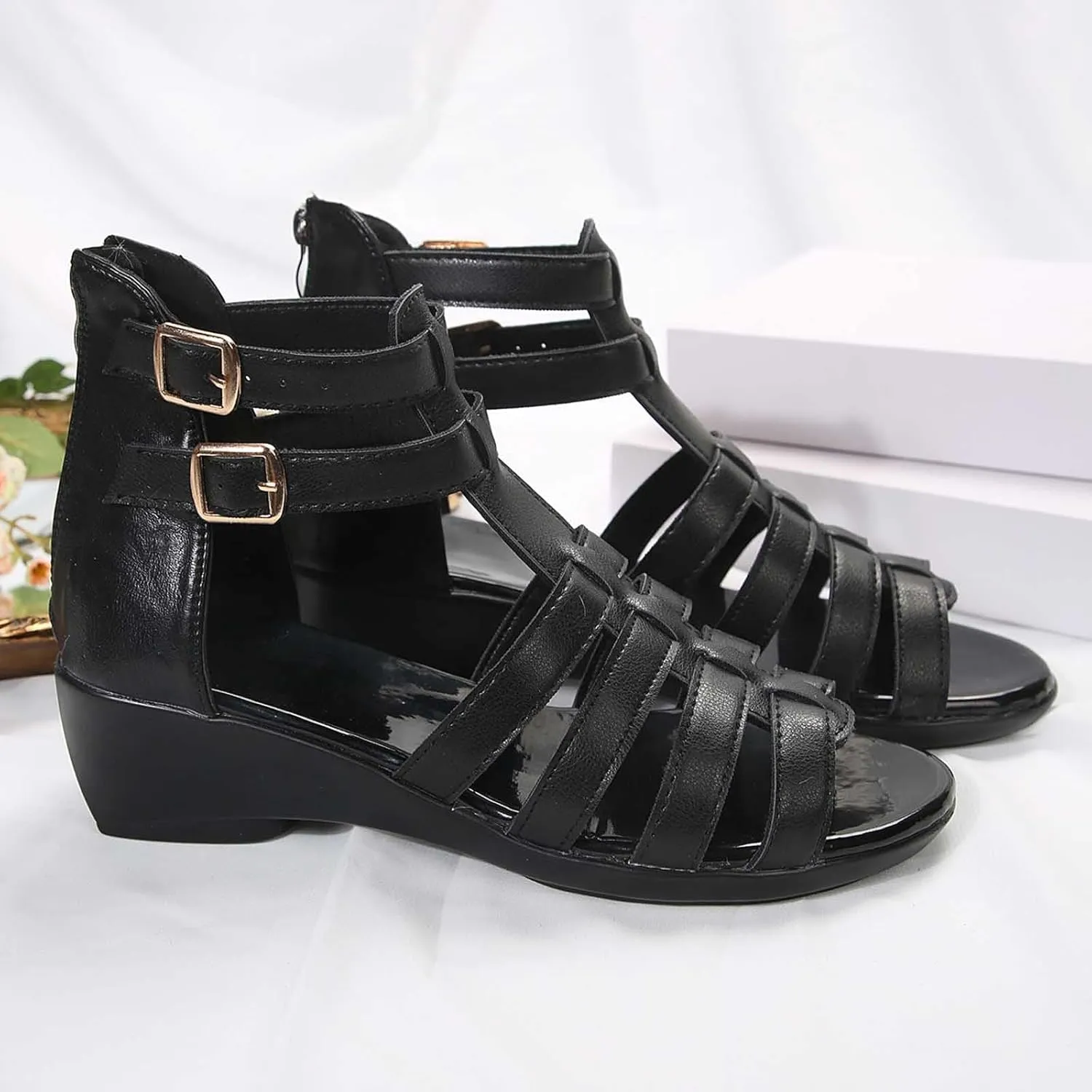 Womens Gladiator Sandals Back Zipper Strappy Casual Wedge Roman Sandal Comfort Open Toe Shoes For girls