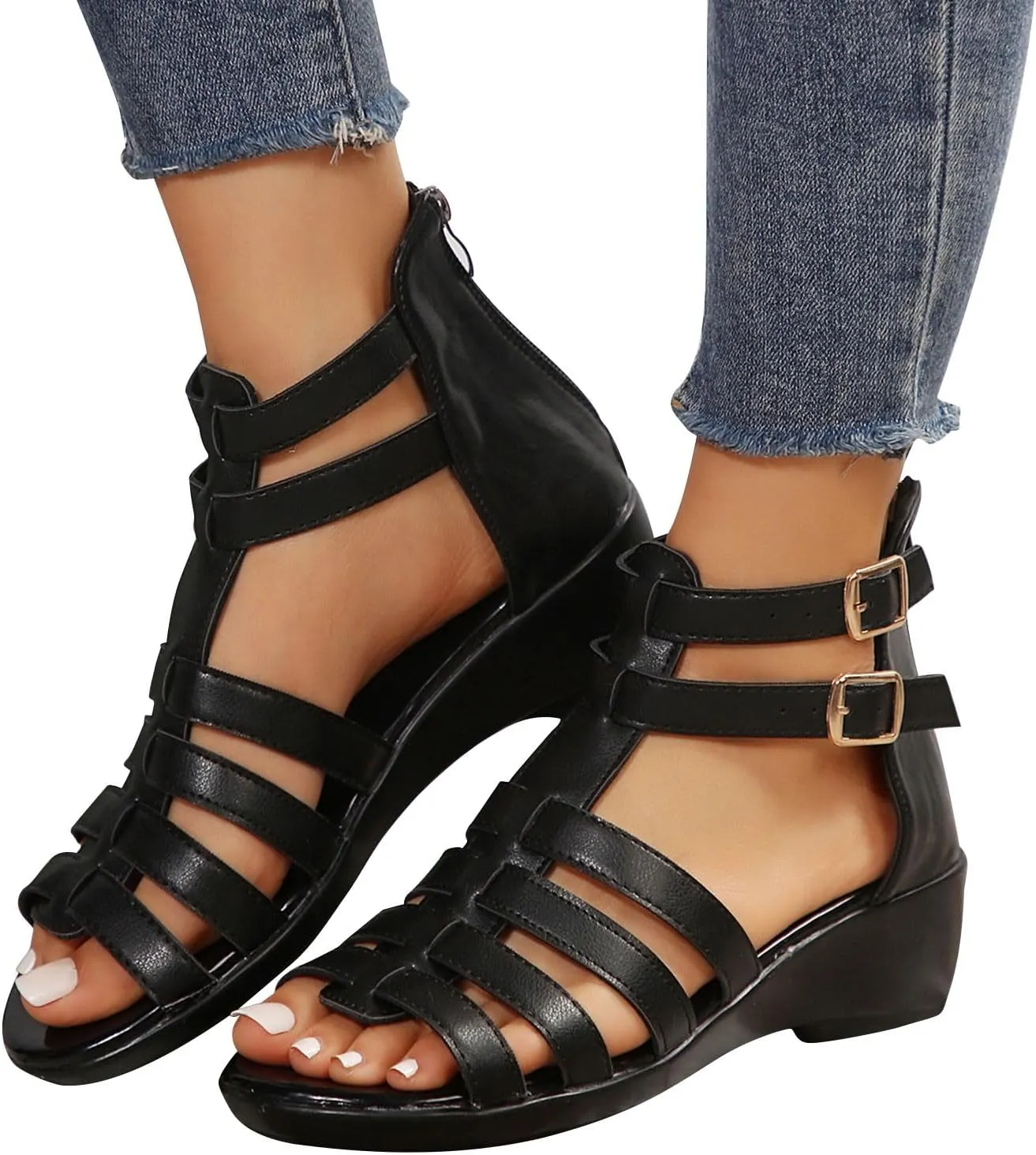 Womens Gladiator Sandals Back Zipper Strappy Casual Wedge Roman Sandal Comfort Open Toe Shoes For girls