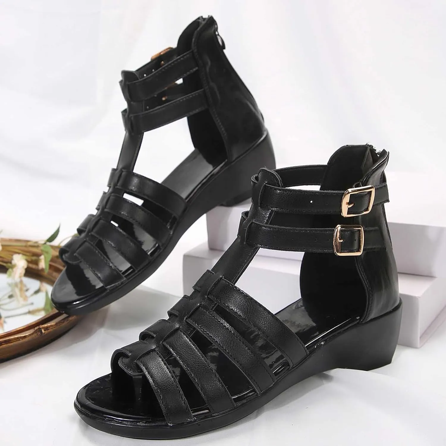 Womens Gladiator Sandals Back Zipper Strappy Casual Wedge Roman Sandal Comfort Open Toe Shoes For girls