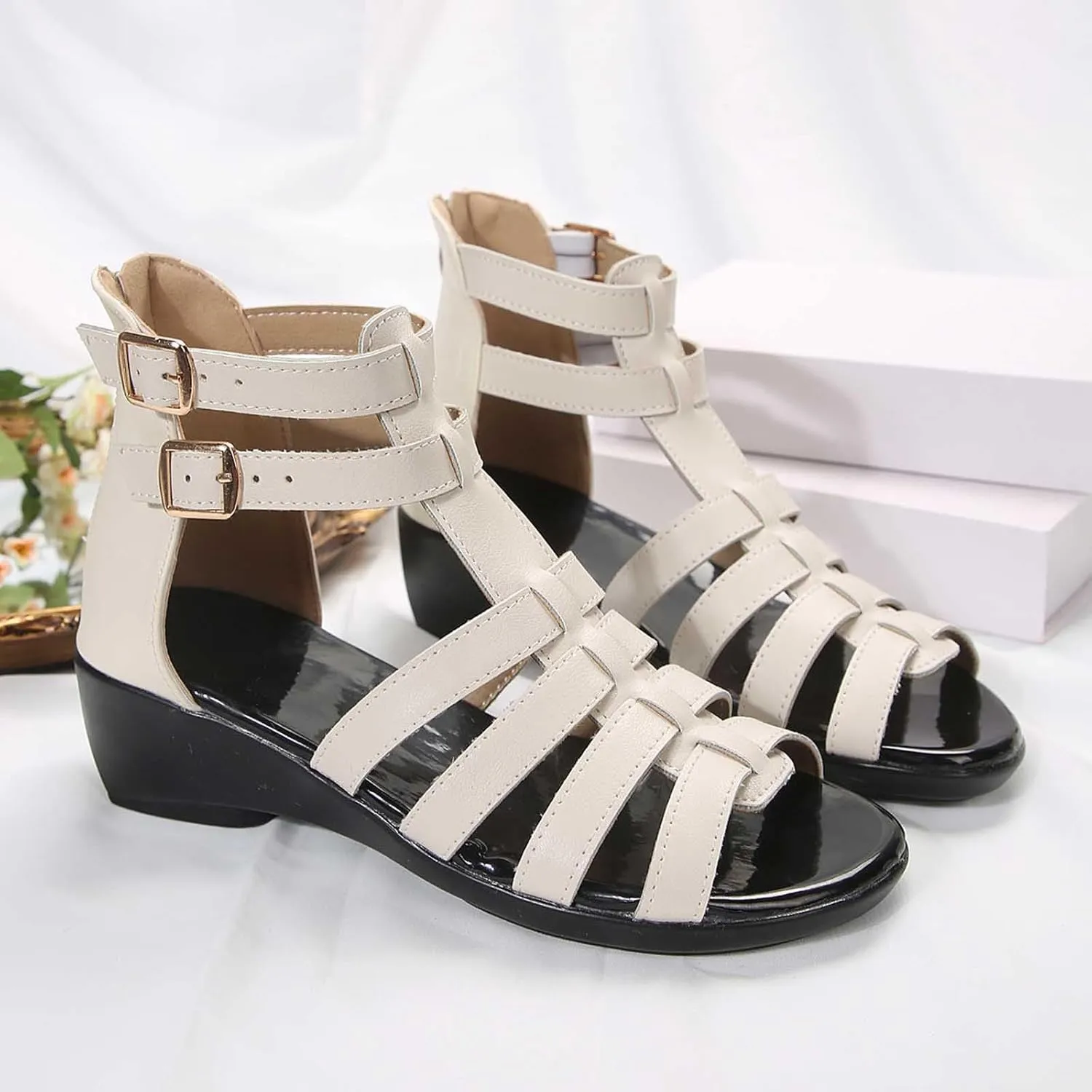 Womens Gladiator Sandals Back Zipper Strappy Casual Wedge Roman Sandal Comfort Open Toe Shoes For girls