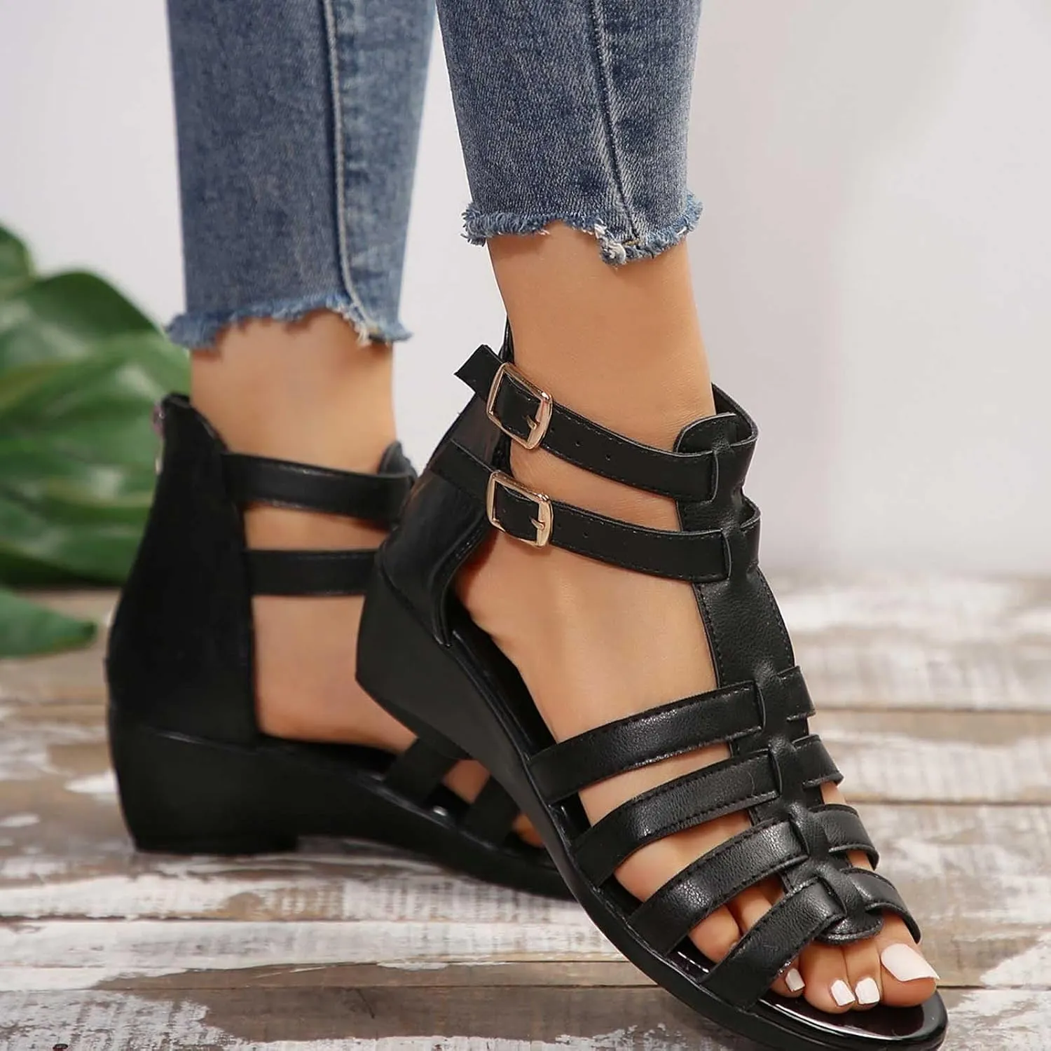 Womens Gladiator Sandals Back Zipper Strappy Casual Wedge Roman Sandal Comfort Open Toe Shoes For girls