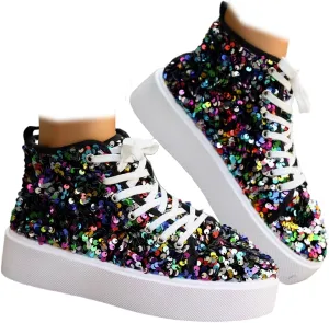 Women's High Top Canvas Shoes Casual Lace up Fashion Sneaker Shoes Rhinestone Bling Wedding Bridal Shoes Shiny Sequin Shoes