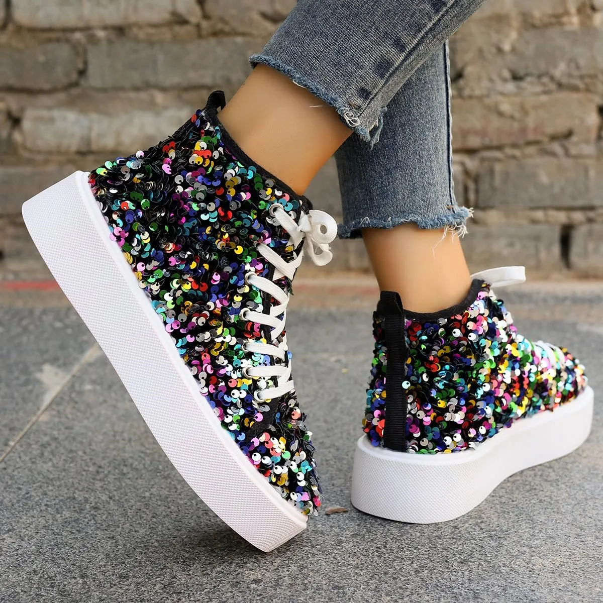 Women's High Top Canvas Shoes Casual Lace up Fashion Sneaker Shoes Rhinestone Bling Wedding Bridal Shoes Shiny Sequin Shoes