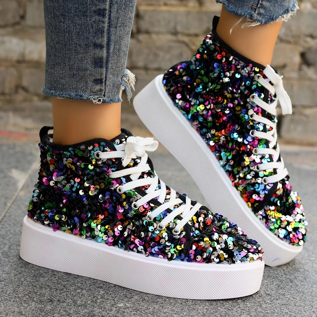 Women's High Top Canvas Shoes Casual Lace up Fashion Sneaker Shoes Rhinestone Bling Wedding Bridal Shoes Shiny Sequin Shoes