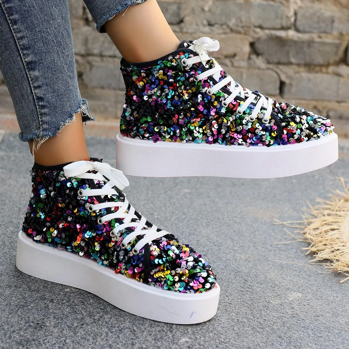 Women's High Top Canvas Shoes Casual Lace up Fashion Sneaker Shoes Rhinestone Bling Wedding Bridal Shoes Shiny Sequin Shoes