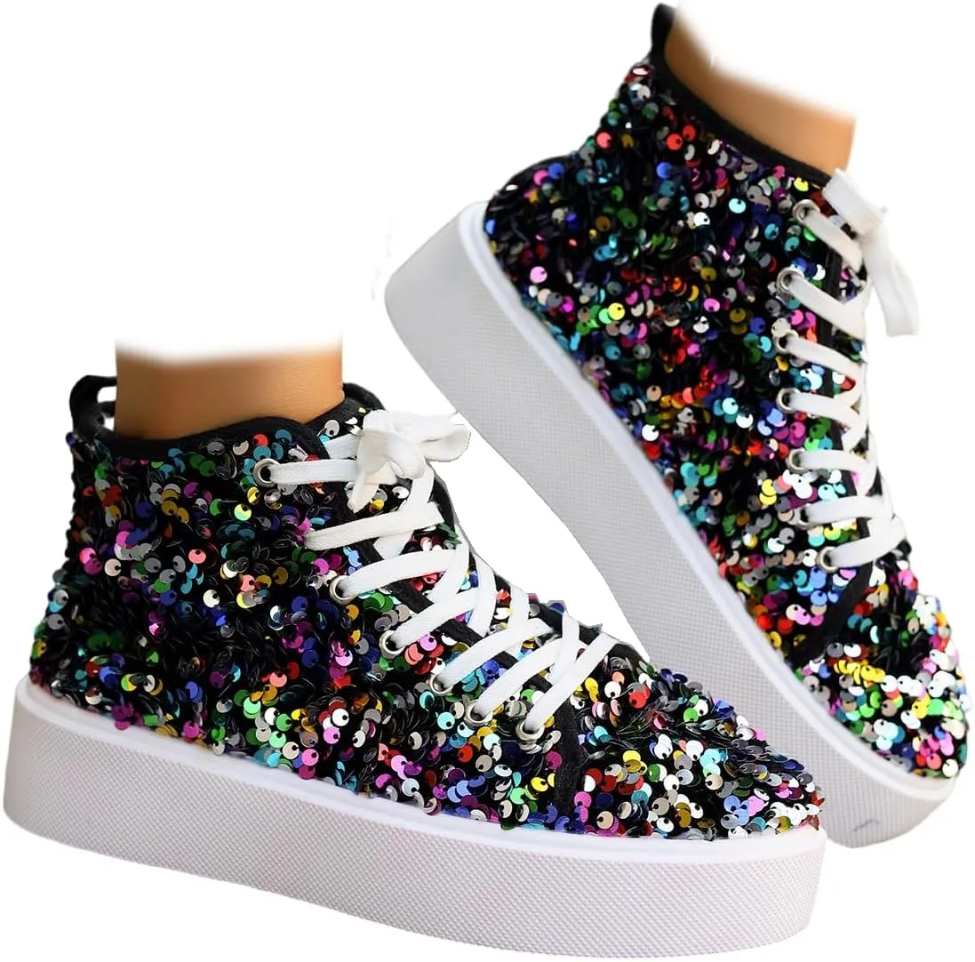 Women's High Top Canvas Shoes Casual Lace up Fashion Sneaker Shoes Rhinestone Bling Wedding Bridal Shoes Shiny Sequin Shoes