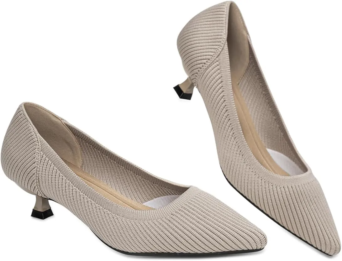Womens Kitten Heels Pumps Shoes Comfortable Knit Closed Toe Heels for Women Work Office Casual Wedding Dressy