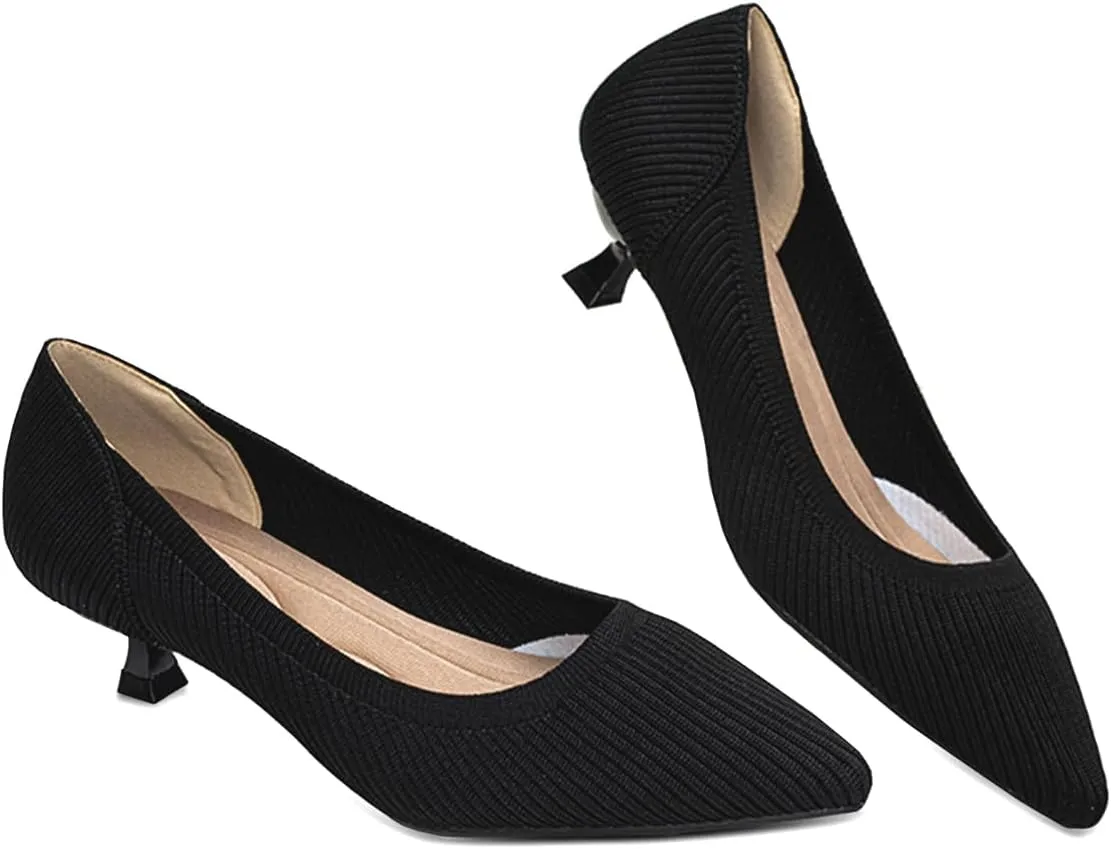 Womens Kitten Heels Pumps Shoes Comfortable Knit Closed Toe Heels for Women Work Office Casual Wedding Dressy