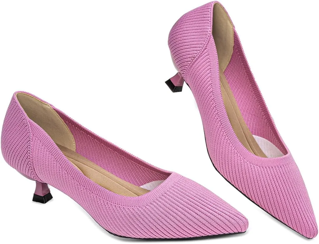 Womens Kitten Heels Pumps Shoes Comfortable Knit Closed Toe Heels for Women Work Office Casual Wedding Dressy
