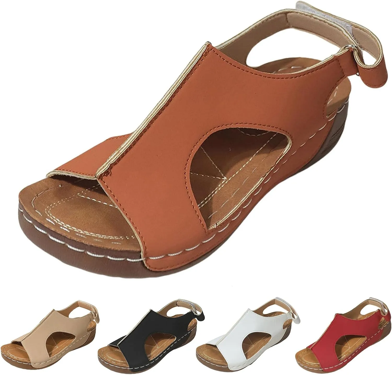 Womens Leather Sandals Comfortable Dressy Orthopedic Arch Wedge Roman Sandals with Adjustable Straps Casual Diabetic Walking Beach Sandal