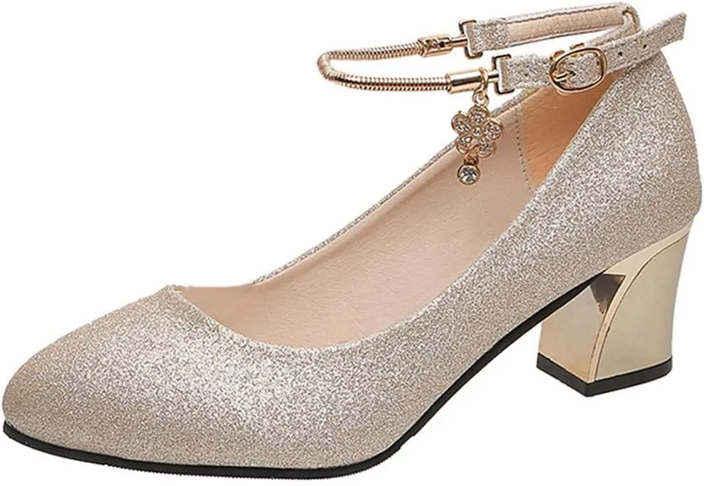Women's Mary Jane Elegant Dress Shoes Closed Toe T Strap Mary Janes Sparkly Wedding Shoes for Party Work Office