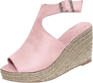 Womens Open Toe Buckle Ankle Strap Espadrille Platform Wedge Sandals Dressy Summer Wedge Cork Sole Summer Shoes High Heels Sandals