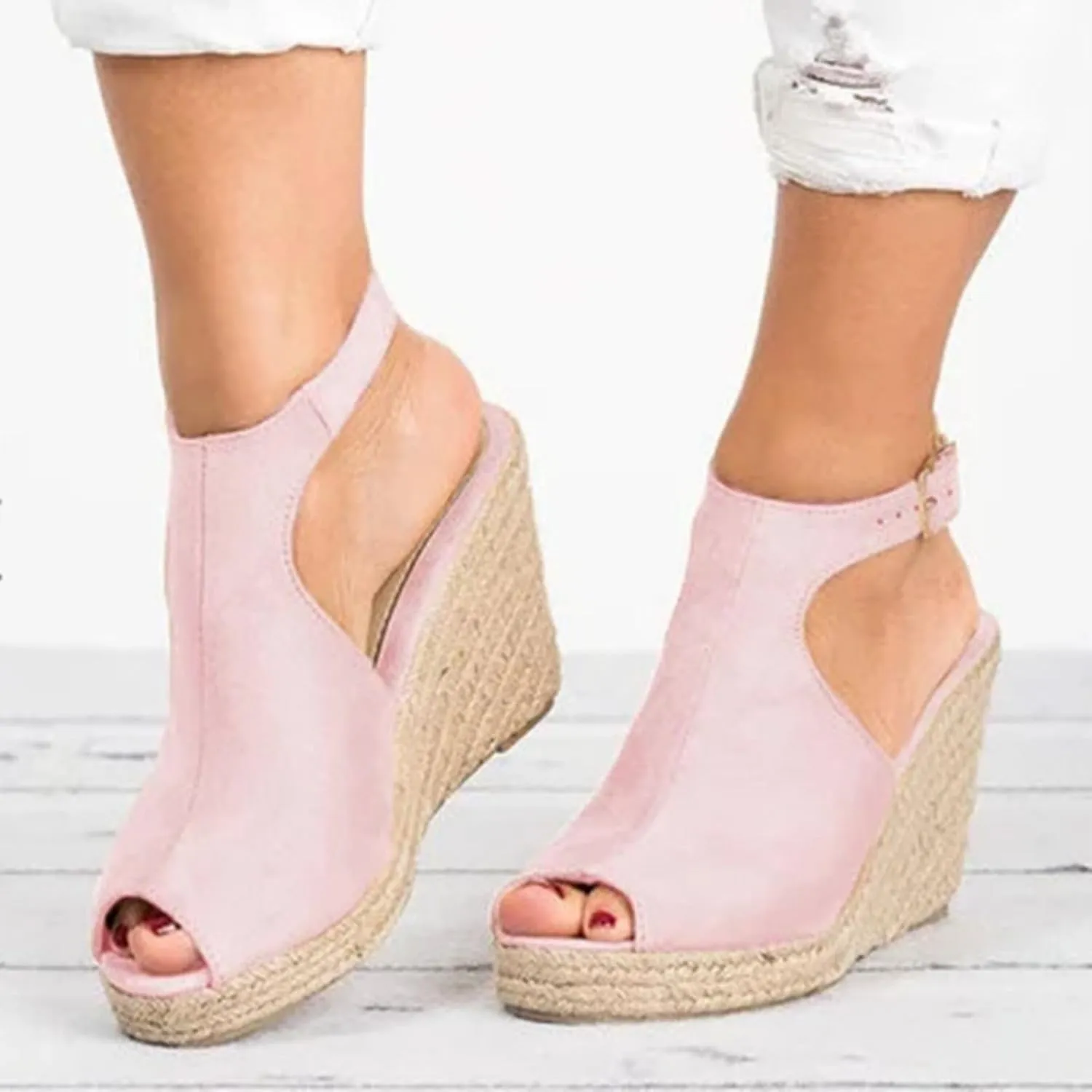 Womens Open Toe Buckle Ankle Strap Espadrille Platform Wedge Sandals Dressy Summer Wedge Cork Sole Summer Shoes High Heels Sandals