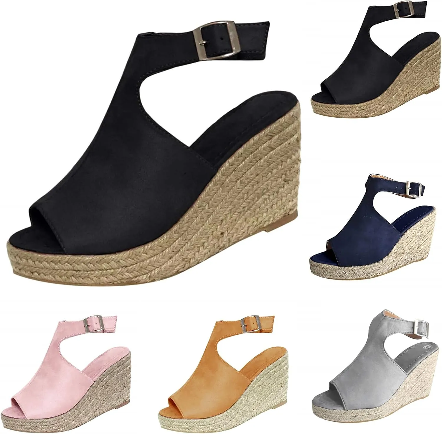 Womens Open Toe Buckle Ankle Strap Espadrille Platform Wedge Sandals Dressy Summer Wedge Cork Sole Summer Shoes High Heels Sandals