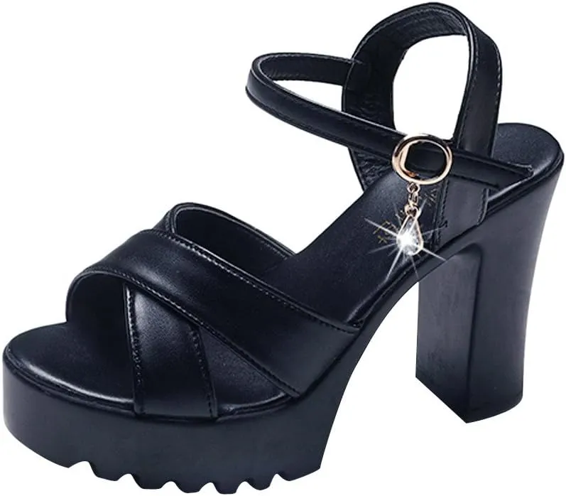 Womens Platform Heels Open Toe Slip On Chunky High Heel Sandals Ankle Strap Block for Party Brunch Dress Pump Shoes