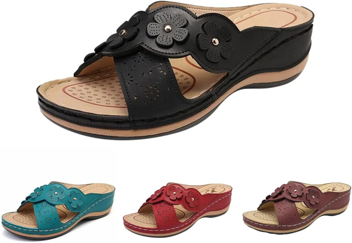 Women's Platform Wedge Orthopedic Sandals Comfort Open Toe Cross Strap Flowers Slide Sandal Slip On Slippers
