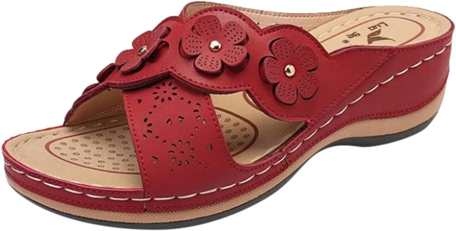Women's Platform Wedge Orthopedic Sandals Comfort Open Toe Cross Strap Flowers Slide Sandal Slip On Slippers